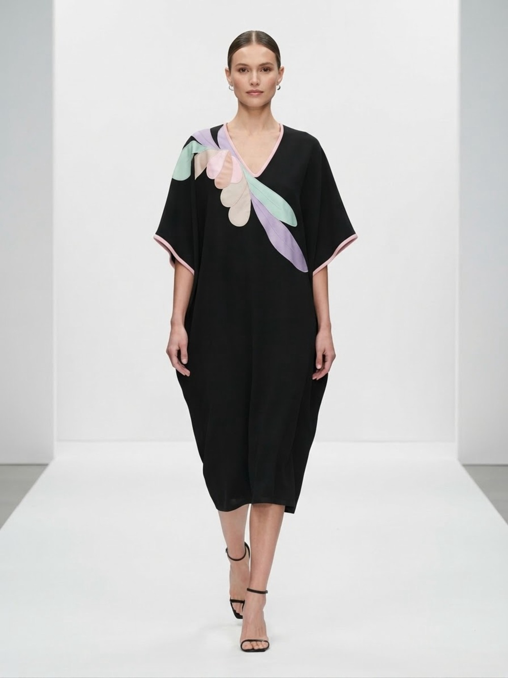 Natori Black Midi Dress with Pastel Petal Appliqué